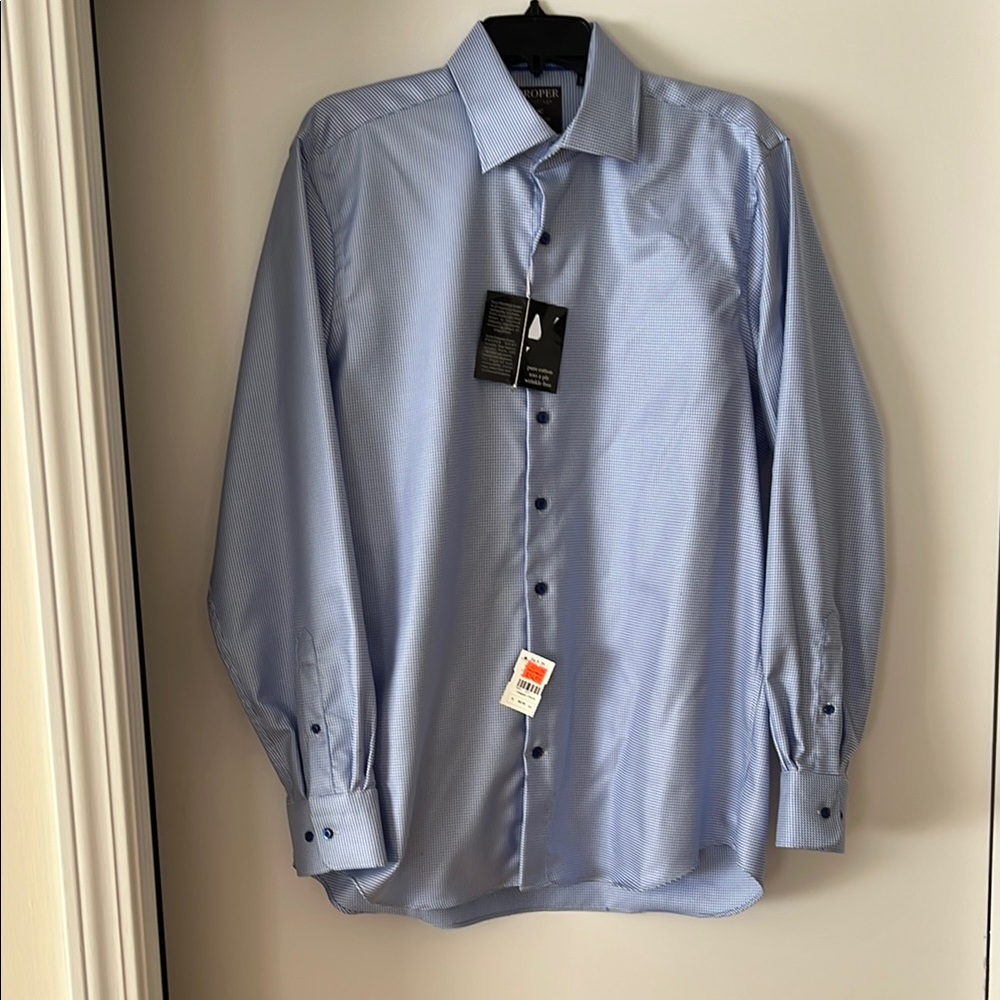 Proper Shirtings Men’s Blue Micro Herringbone Dress Shirt Classic Formal Style
